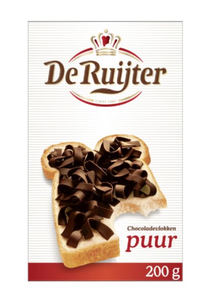 CHOCOLADEVLOKKEN - PUUR - ZARTBITTER SCHOKOLADEN FLOCKEN 200 GR - BY DE RUIJTER